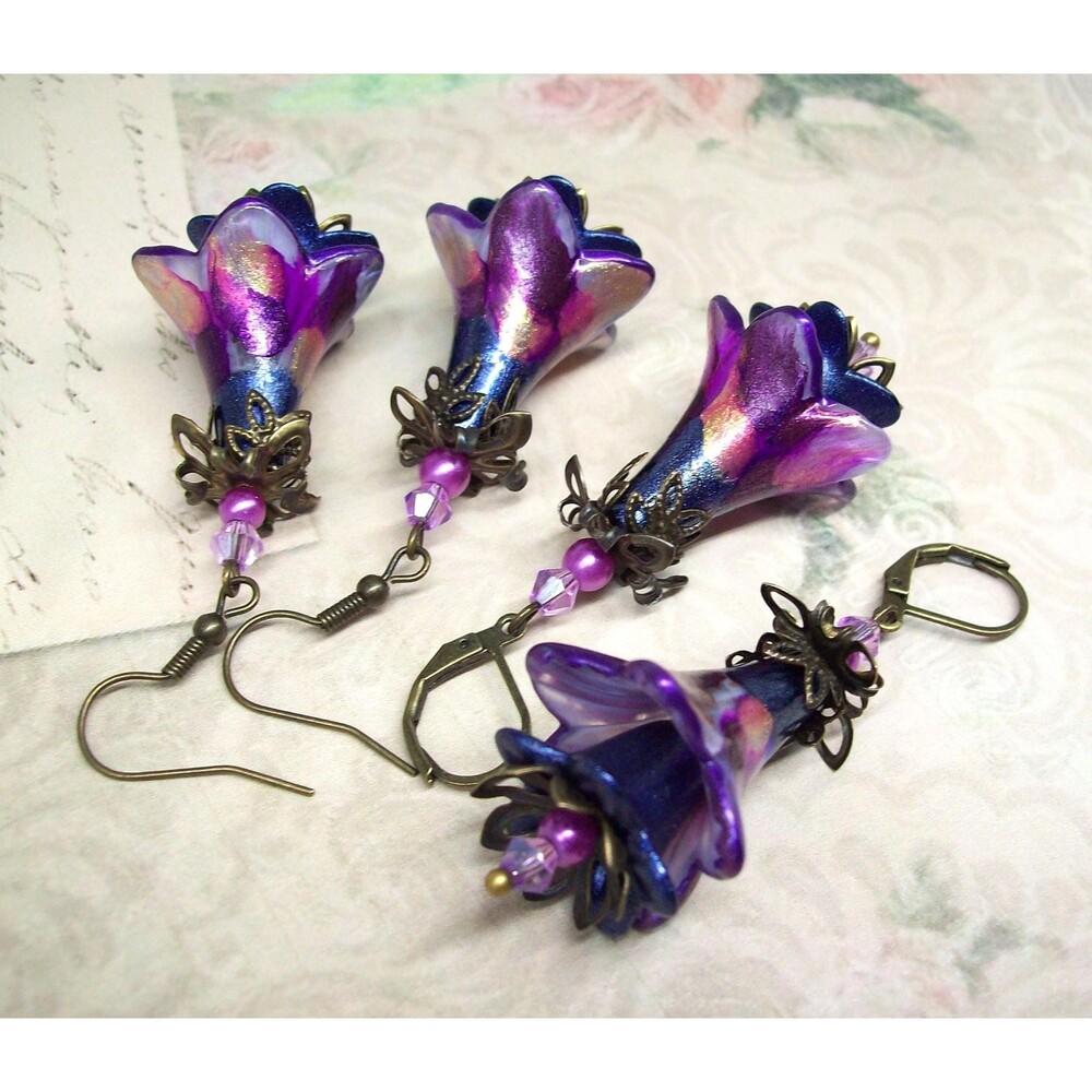 Vintage Style Art Nouveau Earrings, Floral, Hand Painted, Artisan Crafted Flower